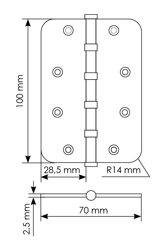 Петля стальная MSN-C 100X70X2.5-4BB SN скругленная универсальная с подшипником, вес полотна до 40 кг, цвет белый никель фото купить в Улан-Удэ